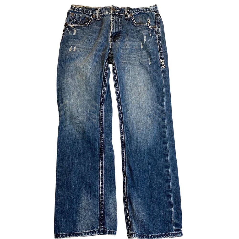 CJ Black Men's Jeans 32x30 Distressed Straight Leg Cotton Pocket Embroidery Blue